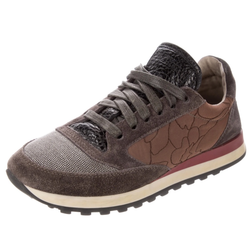 Brunello Cucinelli Brown Suede and Monili Floral Side Embroidered Sneakers 38